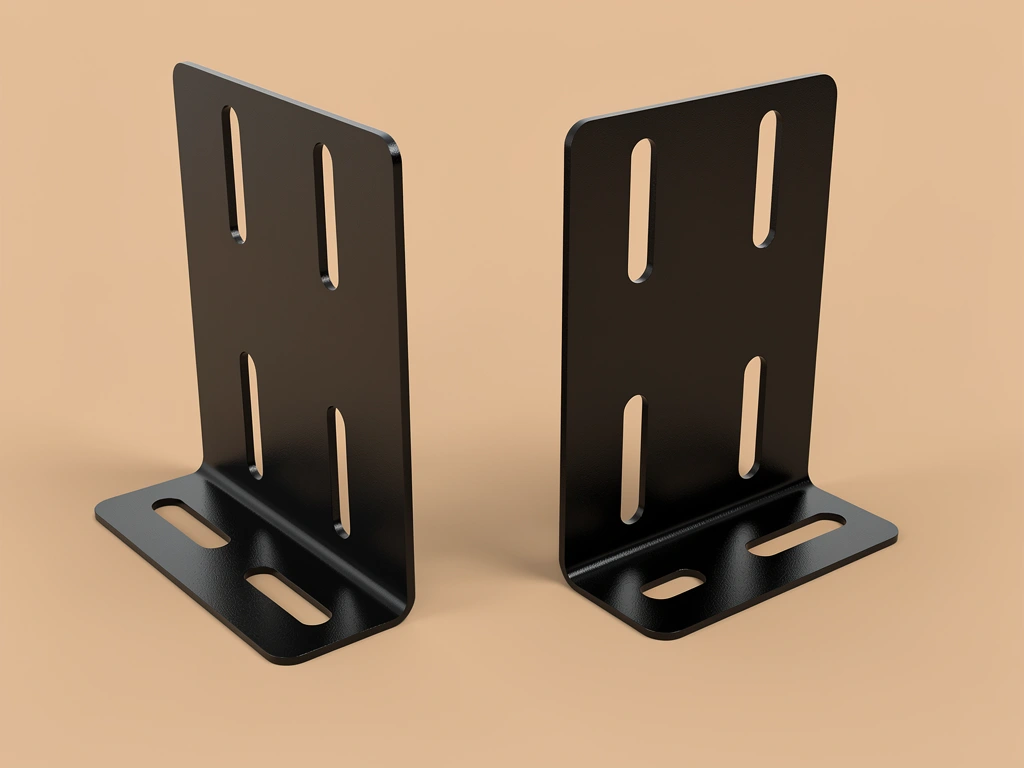 Slotted Angle Mount Pair — Black-finished metal; single-flange L-bracket pair